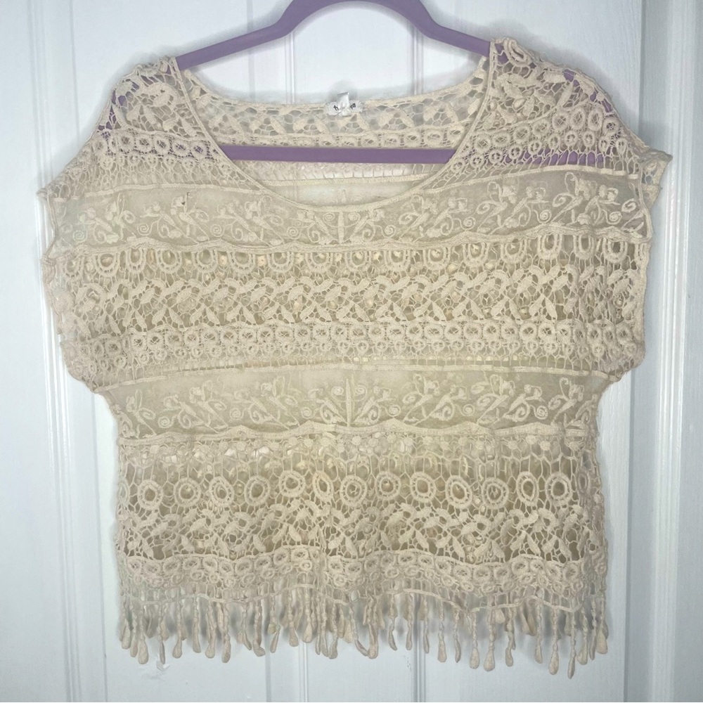 Pretty Cream Lace Like short sleeve Top/Cover-up with Fringe Detail on bottom